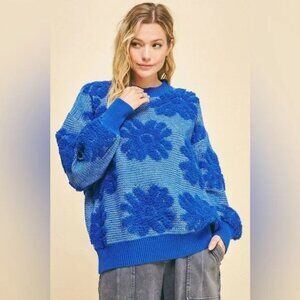 Davi & Dani NEW 3D Flower Texture Round Neck Dropped Shoulder Sweater Sz L Blue